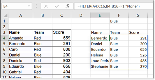 After parameterizing the formula, you can type the team name in F1 and the FILTER results change.
