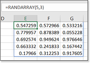 A function of =RANDARRAY(5,3) is entered in E1. The figure shows numbers like 0.547259, 0.779957, and so on in cells E1:G5.