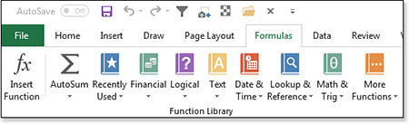 The Excel 2019 ribbon has a thin horizontal line below the unselected ribbon tabs and a box around three sides of the selected ribbon tab.