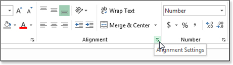 This figure shows a close-up of the Alignment and Number groups in the Home tab of the ribbon. Tiny arrows pointing down and to the right appear in the lower right of each group. Click those dialog box launchers to get to more choices.