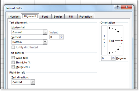 Clicking the Alignment dialog box launcher leads to the Alignment tab in the Format Cells dialog box. More choices are found in the dialog box, such as rotating text to any degree, Shrink to Fit, and more.