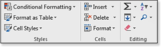 On a small monitor, the Styles gallery appears as a Cell Styles drop-down list in a single column with Conditional Formatting and Format As Table.