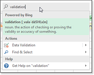 The results for validation include a definition, Help, and the actual Data Validation command.