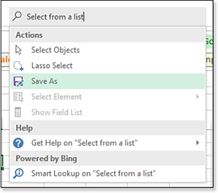 Search for “Select from a list” and the results do not find Data Validation. They offer Select Objects, Lasso Select, Save As, Select Element, Show Field List, Get Help On Select From A List, and Smart Lookup On “Select From A List.”