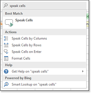 When you search for “speak cells,” the Search box finds the command.
