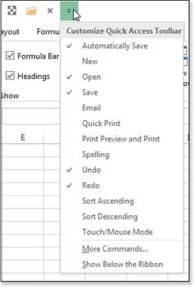 The drop-down menu at the right edge of the Quick Access Toolbar offers Automatically Save, New, Open, Save, Email, Quick Print, Print Preview And Print, Spelling, Undo, Redo, Sort Ascending, Sort Descending, Touch/Mouse Mode, More Commands…, and Show Below The Ribbon.