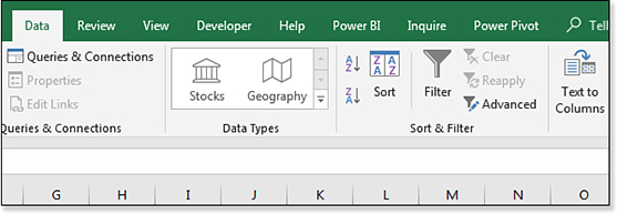 The Data tab of the ribbon offers groups such as Data Type and Sort, & Filter. You want to add a new icon to the right of Sort & Filter.
