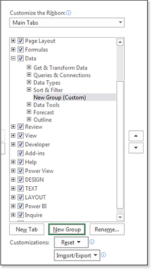 After clicking New Group from the Sort & Filter group of the Data tab, a new entry appears as “New Group (Custom).” Use the Rename button to rename the group.