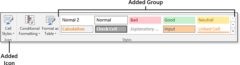 The default Cell Styles gallery appears on the Home tab of the ribbon with five columns of choices visible. If you attempt to add the gallery somewhere else, it always appears as a single icon with a drop-down menu arrow.