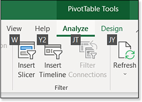 Some tabs in the ribbon will appear as various items are selected. When new tabs appear, they are given 2-letter KeyTops: JT for PivotTable Tools Analyze and JY for PivotTable Tools Design.