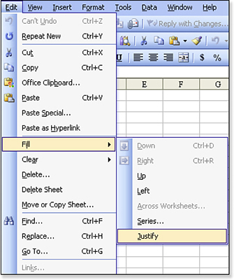 This ancient screenshot shows the old Excel 2003 menu structure. To select Edit, Fill, Justify, you notice that the “E” in Edit is underlined. The “I” in Fill is underlined. The “J” in Justify is underlined. Alt+EIJ will invoke the command.