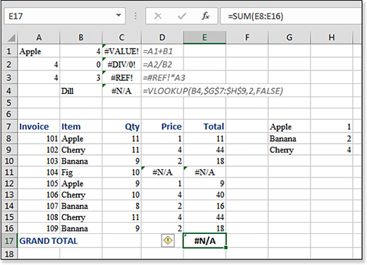 A formula in E17 is summing E8:E16. The formula evaluates to a #N/A error because of an #N/A error in E11. That error in E11 is because of a lookup error in D11 because Fig is missing from a lookup table in G7:H10.