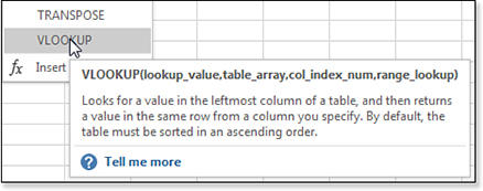 A large tooltip appears when you hover over a function. The tooltip contains the arguments list, a short description of the function, and a link to Excel Help for that function.