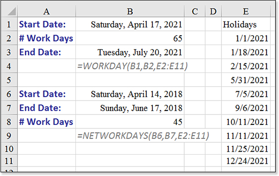 The WORKDAY and NETWORKDAY functions calculate Monday through Friday dates excluding holidays.