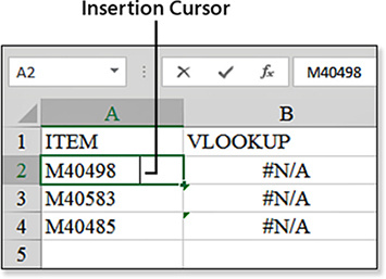 After pressing F2 to edit cell A2, you can see the flashing insertion point is several spaces away from the end of the text. Those trailing spaces are causing the VLOOKUP to fail.