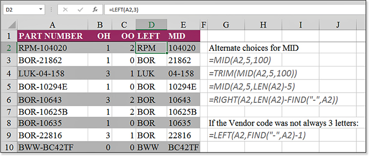 Column A shows a part number with three letters followed by a dash, and then a longer part identifier =LEFT(A2,3) gets the prefix. =MID(A2,5,100) gets the suffix.