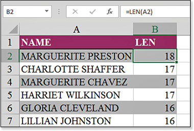 Column A contains a list of names. The LEN(A2) function tells you how many characters are in cell A2.