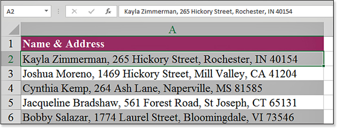 In this annoying spreadsheet, someone has typed Name, Street, City, State, and Zip information in a single cell. There are a whole column of names where all five fields are in the same cell.