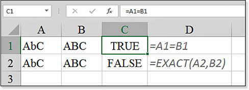 This figure has two values: AbC and ABC. A simple equality test of =A1=B1 says they are equal. If you use =EXACT(A1,B1) it will detect the change in case and say they are not equal.
