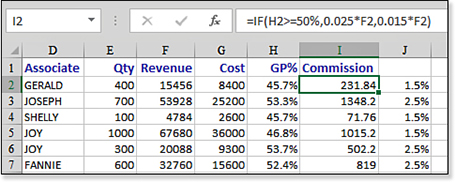 This image has Revenue in column F, Gross Profit Percent in column H and calculates a commission in column I. The formula bar shows that I2 contains the formula =IF(H2>=50%,0.025*F2,0.015*F2).