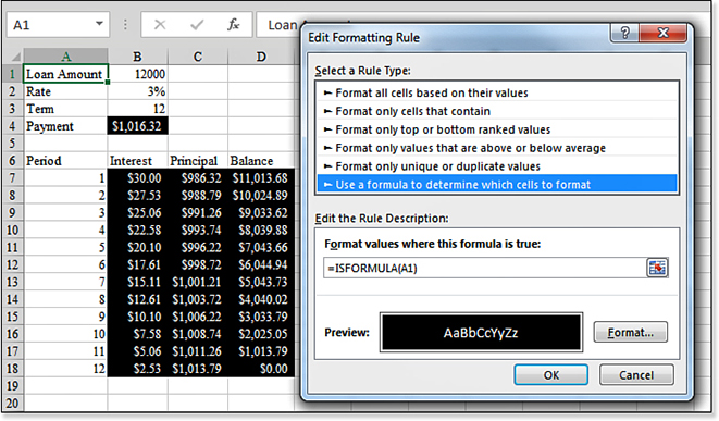 In this image, the =ISFORMULA(A1) formula is used as the Conditional Formatting formula. The result is that any cells that contain a formula are highlighted in another color.