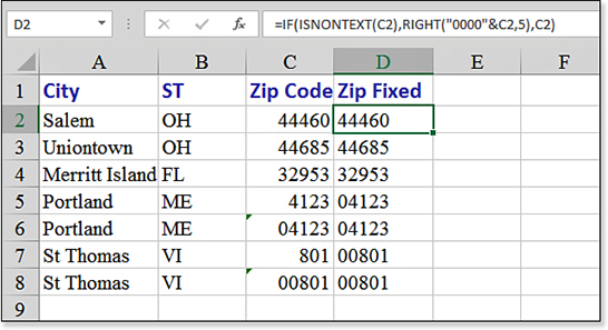 A series of Zip Codes appear in column C. The zip code for Portland Maine is shown as 4123 instead of 04123. A Zip Fixed column uses the formula =IF(ISNONTEXT(C2),RIGHT(“0000”&C5,5),C5).