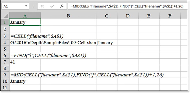 This image builds a rather complex formula to return the worksheet tab name to a cell. The inner part of the formula =CELL(“filename”,$A$1) returns the file path, then the workbook name in square brackets, then the sheet name. By locating the right square bracket using FIND, you can isolate the worksheet name with MID.