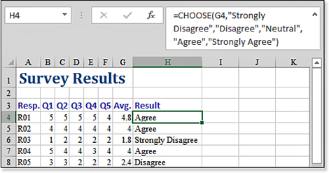 The CHOOSE function mentioned above is shown in this figure. Note that the formula for the average score is returning non-integers, such as 4.8 and 2.4. The results of the formula show that 4.8 returns the value associated with 4. This indicates Excel truncates any decimals from the index number.