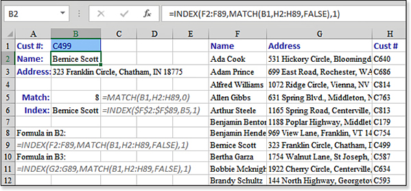 This image shows a lookup table where the key field is to the right of the text fields. The customer number is in H, while Name is in F and Address is in G. Formulas described below will use MATCH inside of INDEX to return the name and address for a customer.