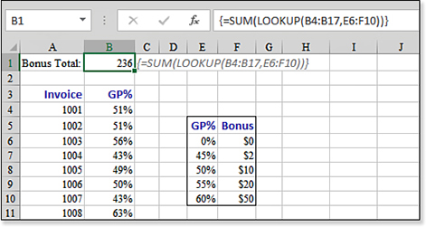 An array formula of =SUM(LOOKUP(B4:B17,E6:F10)) performs a LOOKUP for each of the values in B4:B17 and then sums the result.