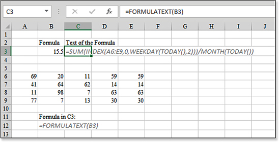 This image shows the result of a formula in B3. Next to this cell, the formula used to calculate B3 is shown in cell C3. This is achieved with the =FORMULATEXT(B3) function in cell C3.