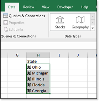 This image shows five states in H2:H6. The new Data Types gallery on the Data tab offers Stocks and Geography. By choosing H2:H6 and clicking Geography, you are marking the cells as a geography data type.