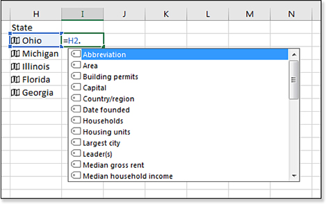 Cell H2 contains Ohio. Cell I2 shows the start of a formula =H2 followed by a period. Several fields are available, including Area, Capital, Largest city, and Median Gross Rent. The scroll bar indicates many more choices are available below this list.