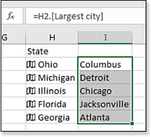 I2 shows a formula of =H2.[Largest City] and the answer is Columbus. The formula has been copied down to other states, and each row is returning the largest city from a different state.