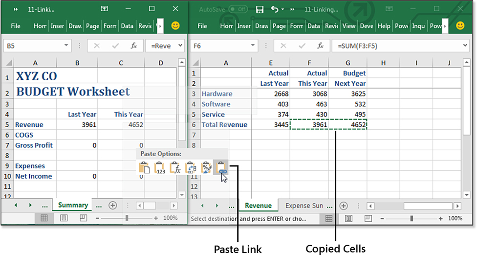 With two worksheets arranged side by side, copy cells from the source worksheet. Right-click on the destination worksheet. In the Paste Options menu that opens, choose the sixth icon: Paste Link.