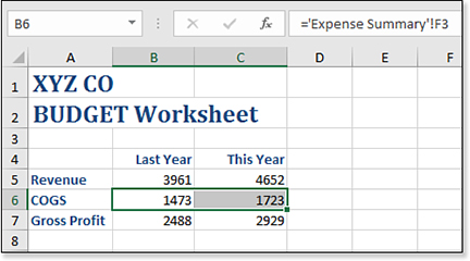 The result is a formula in the correct syntax. In this case, =’Expense Summary’!F3.
