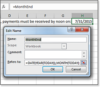 A name of MonthEnd is defined as =EOMONTH(TODAY(),0). A formula in the grid of =MonthEnd is returning the last day of the current month.