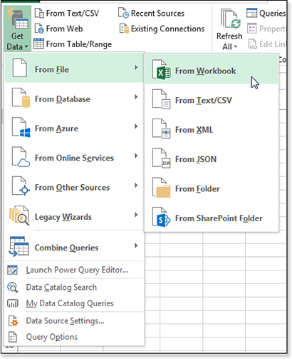 This figure shows the Get Data menu on the Data tab of the ribbon. Choose Get Data, From File, From Workbook.