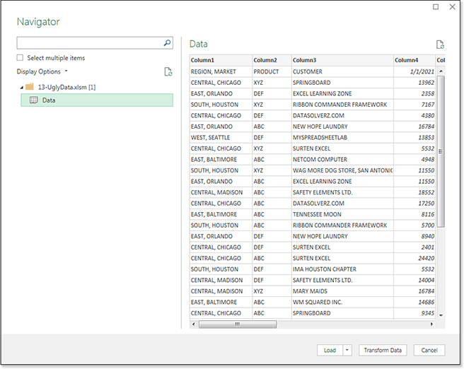 The Navigator dialog box offers a list of worksheets or named ranges on the left. A preview of the data appears on the right. Choose the Transform Data button in the lower right.
