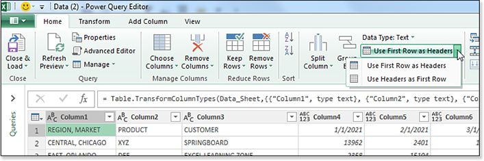 Row 1 in the data set contains the headings from the Excel file. The Use First Row As Headers command will promote row 1 to a header.