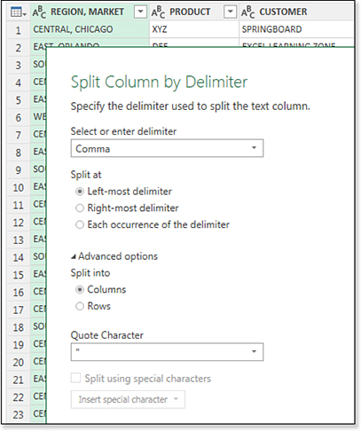 The Split Column By Delimiter dialog box correctly guessed that the delimiter is a comma.