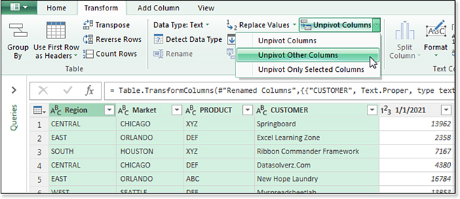 The Unpivot Columns menu lets you unpivot the selected columns or the other columns.