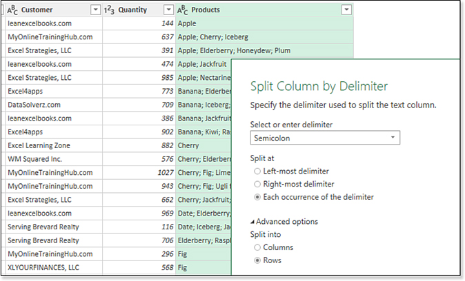 The advanced section of Split Column By Delimiter offers to split to new rows.