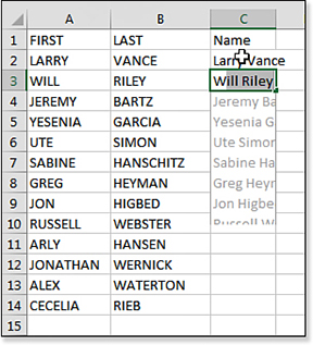 In this figure, the first and last names, Larry and Vance, have been typed into cell C:2. When the W in "Will" is typed into cell C:3, Excel offers to fill the Name column with a list of complete names. Press Enter to fill the column with Excel’s proposed values.
