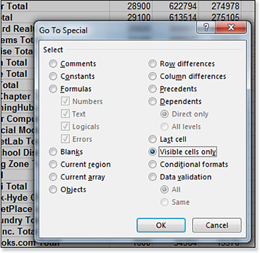 In this image, you can see the original report collapsed to the #2 Group and Outline view has been selected. On top of that data is the Go To Special dialog box. This dialog box offers 23 choices. Currently, the item for Visible Cells Only has been selected. Other items of note available in the dialog box are Comments, Constants, Formulas, Blanks, Precedents, Dependents, Last Cell, Conditional Formats, and Data Validation.