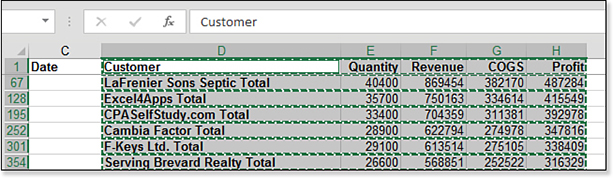 This image shows six rows of the summary report. Headings are in Row 1, and customer totals are in Rows 67, 128, 195, 252, 301, and 354. Columns D:H have been selected, but each row is surrounded by green dashes, which indicate that you have selected only the visible data and not the entire range of D1:H592.