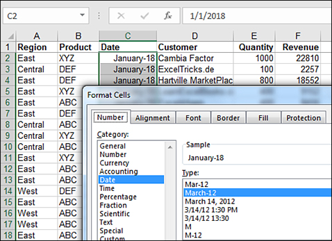 In this image, the formula bar shows that C1 contains the date 1/1/2018. However, the formatting in the cell shows January-18. The screenshot shows the Format Cells dialog box with the Number tab selected. The Category is Date. The Type is March-12.