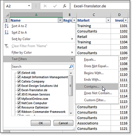 Cell A1 contains a heading of “Name”. On the right edge of each cell in row 1, a filter drop-down menu arrow appears. The image shows the menu that appears when you click on the filter drop-down menu for Name. Choices include Sort A To Z, Sort Z To A, Sort By Color, Clear Filter, Filter By Color, Text Filters, a Search box, and then a long list of selected checkboxes starting with Select All and followed by an alphabetical list of customers. In this image, the Text Filters flyout menu is displayed, offering choices for Equals, Does Not Equal, Begins With, Ends With, Contains, Does Not Contain, and Custom Filter. The mouse cursor is positioned to select Contains.