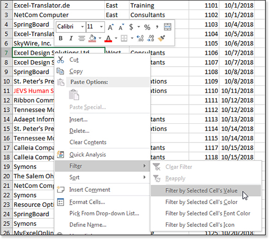 This image shows the right-click menu that appears when you click on a single customer name. The menu is a long list of choices (15 are shown in the screenshot, and more appear to continue off-screen. If you click on the Filter entry in the menu, a flyout menu appears, and you can choose Filter by Selected Cells Value.