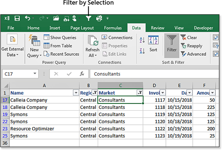 This image shows the Data tab of the ribbon. Above the ribbon, the new AutoFilter icon has been added to the Quick Access Toolbar. A callout points to this icon and indicates you could click this to Filter By Selection. In the worksheet grid, the cell pointer is on cell C17, which contains the word “Consultants.” After choosing any cell that contains Consultants and clicking the AutoFilter icon, only the rows for Consultants are shown. The grid is showing Rows 17, 18, 19, 22, 23, and 25 which comprises several different customers with a value of “Consultants” in column C.